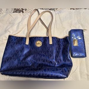 Michael Kors metallic blue bag with matching wallet